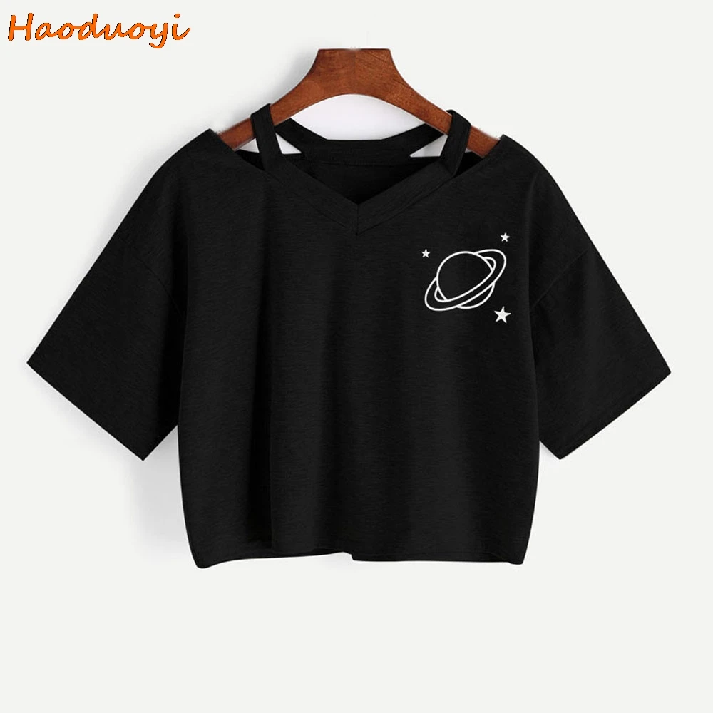 

Haoduoyi 2019 New Fashion Summer Women Casual Planet Printed Tank Short Sleeve Tops Shirt Women t-shirt Short Sleeve