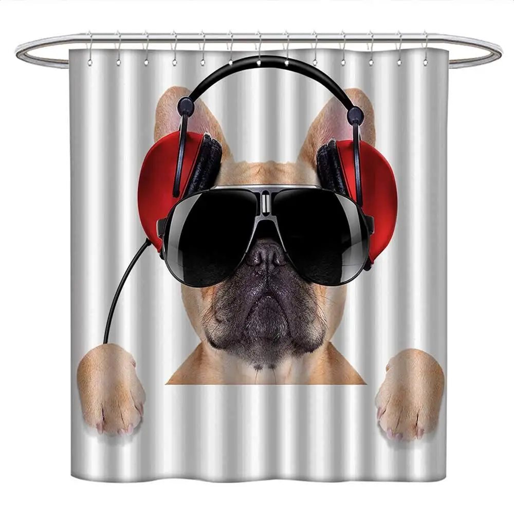 Shower curtain DJ Bulldog with Headphones Listening to Music Behind