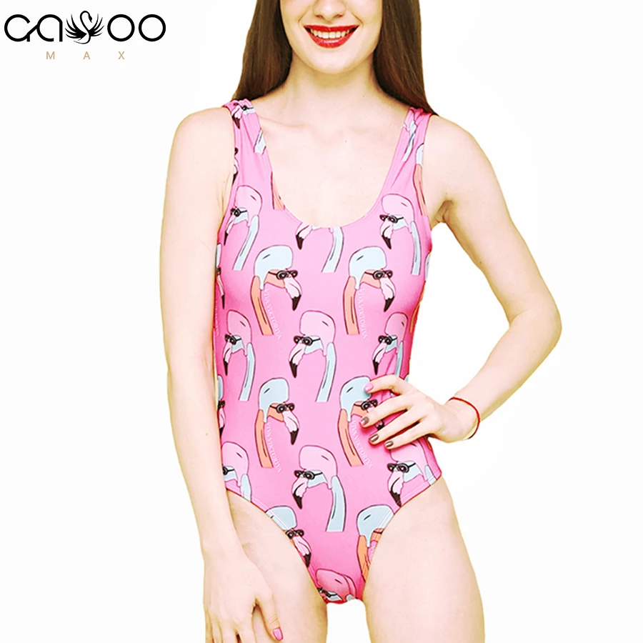 

2018 New Flamingo One Piece Swimsuit Backless Monokini Print Bathing Suit High Cut Beachwear Women Thong Bodysuit Swim Suit