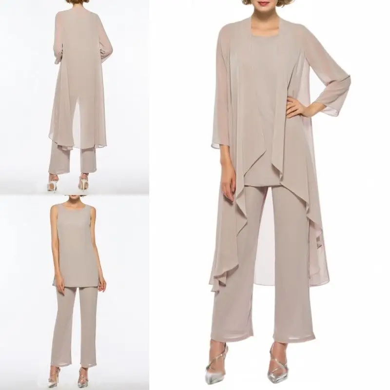 

Sand Chiffon Mother of the Bride Dresses Trouser Suits Custom 3pcs