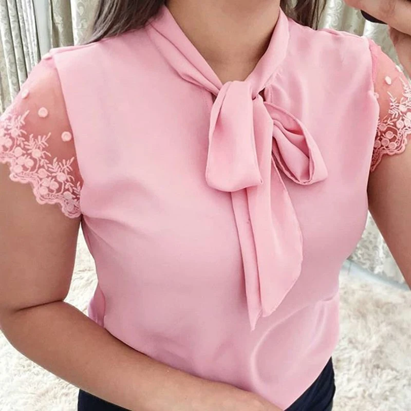 Umeko Lace Up Bow Tie Shirt 2019 Summer Short Sleeve Chiffon Casual Blouse Plus Size 5xl Office Lady Blusas Umeko Lace Up Bow Tie Shirt 2019 Summer Short Sleeve Chiffon Casual Blouse Plus Size 5xl Office Lady Blusas