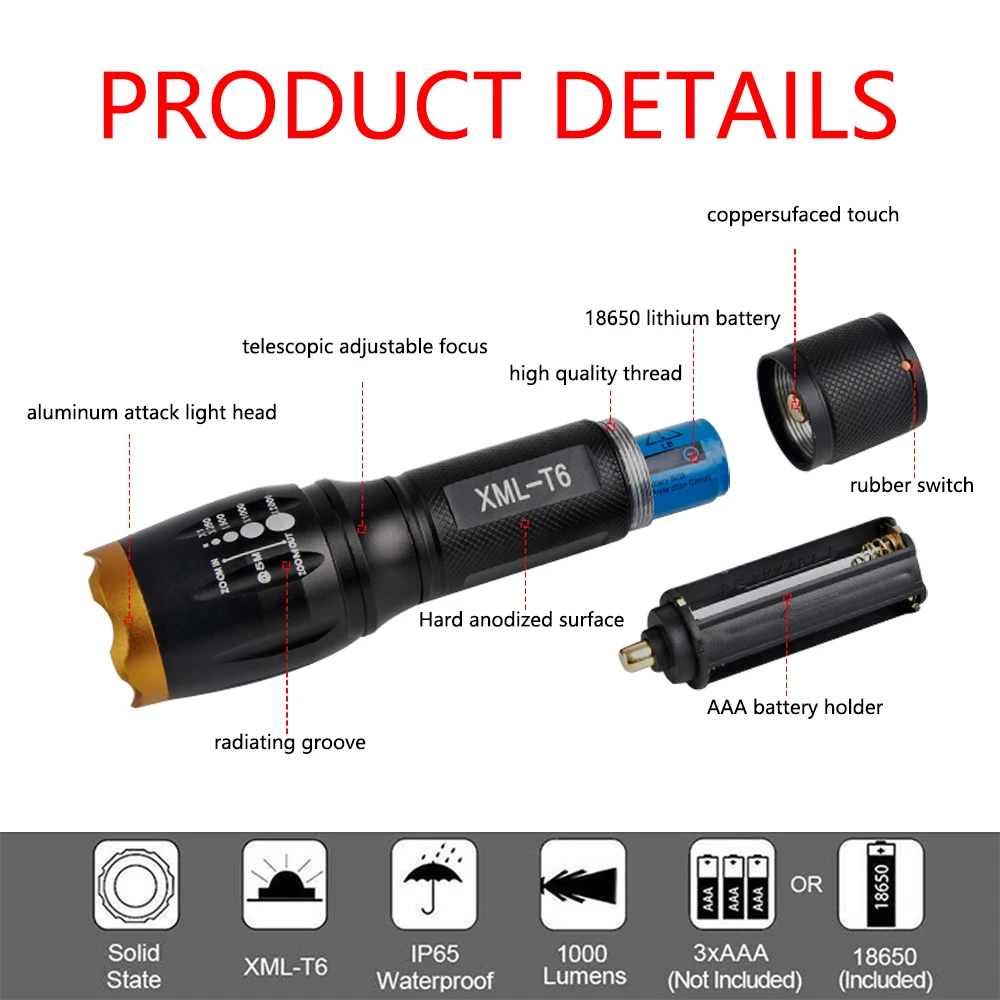 Aukelly светодиодный перезаряжаемый фонарик XML T6 linterna torch 4000 люмен 18650 батарея для