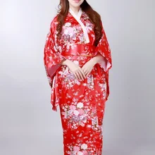 Красное японское женское шелковое атласное кимоно юката вечернее платье цветок один размер H0044-C