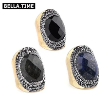BELLA. TIME Регулируемые кольца из натурального камня золотого цвета, медные кольца для женщин, граненые кольца с черным кристаллом, лабрадорит, голубой Лапис, кольца RI13