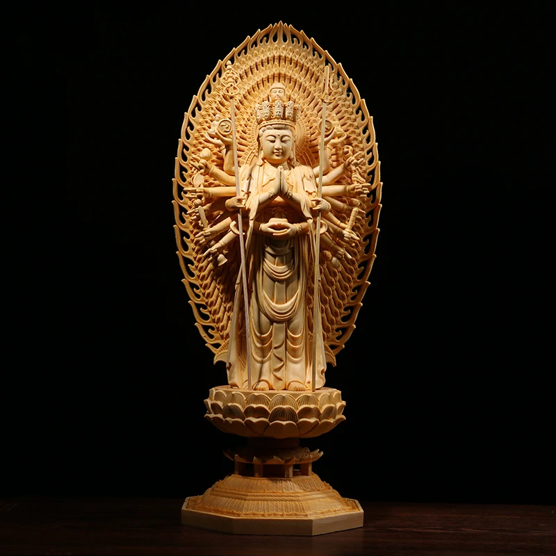 Деревянная резьба Гуаньинь и статуя Будды богини тысячи рук Западная троица из цельного дерева статуи Будды фэн-шуй для декора