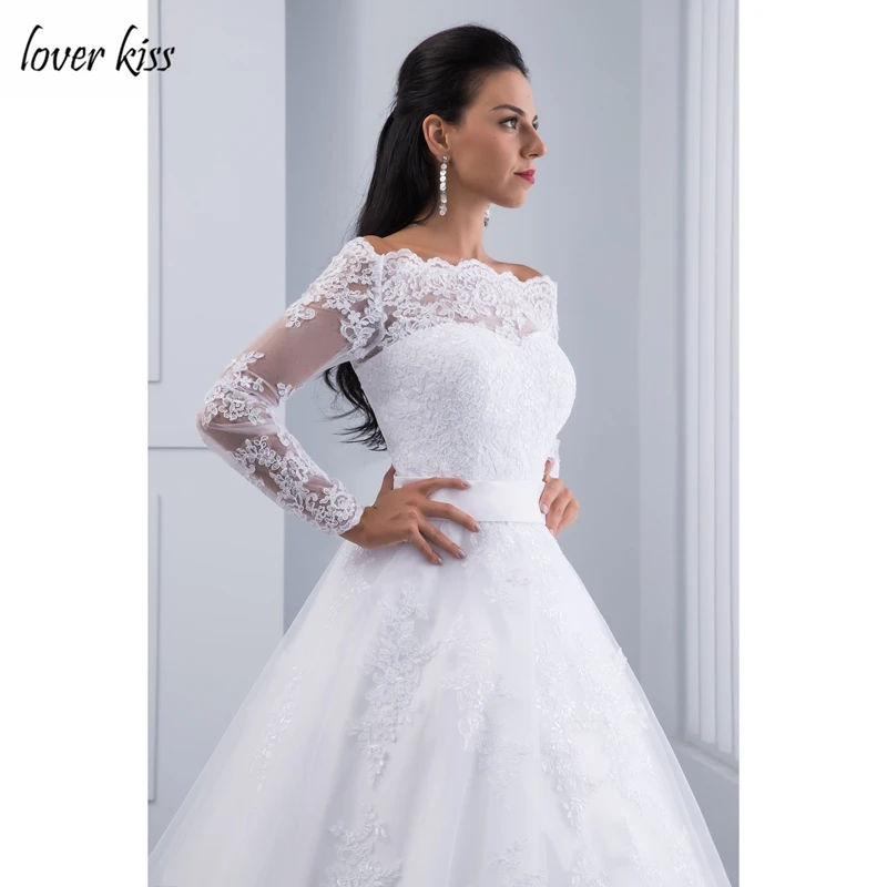 Lover Kiss vestidos de noiva с открытыми плечами Длинные рукава Свадебные платья кружевной вырез лодочкой свадебное платье белый пояс robe de mariage