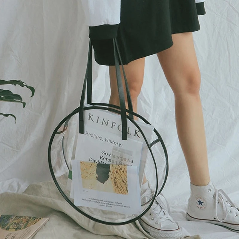 

FGGS-Transparent Plastic Handbags For Girls Summer Beach Round Clear Bag Large Women Shoulder Bag Waterproof Shopping Bags