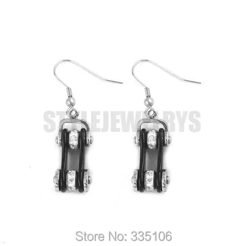 

Free Shipping! Black & Silver Bicycle Chain Motor Earring Stainless Steel Jewelry Rhinestone Biker Women Earring SJE370123A