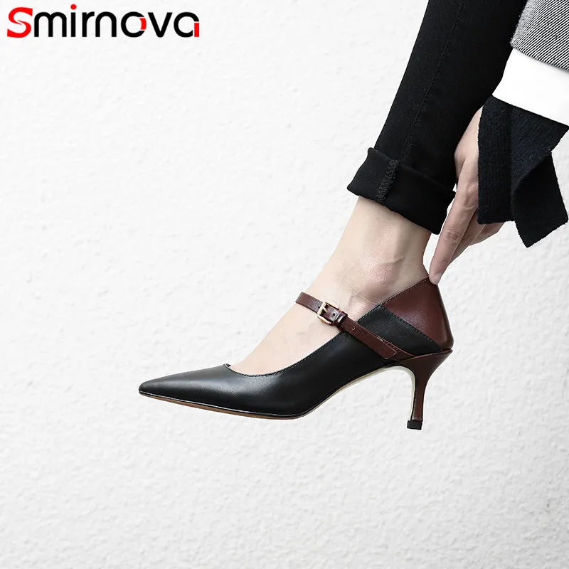 

Smirnova 2019 fashion spring shoes woman pointed toe shallow pumps women shoes buckle genuine leather shoes prom wedding shoes