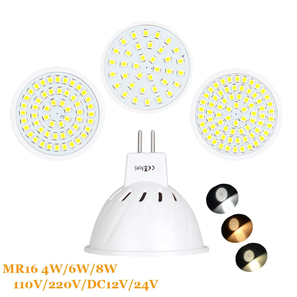 Светодиодные лампы MR16 DC 12 В 24 220 SMD 2835 светодиодные точечные светильники s 4 Вт 6 8