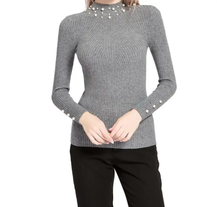New Winter Women Pearl Beaded Sweater High Neck Long Sleeve Slim Casual Female Knit Sweater Pullover New Winter Women Pearl Beaded Sweater High Neck Long Sleeve Slim Casual Female Knit Sweater Pullover