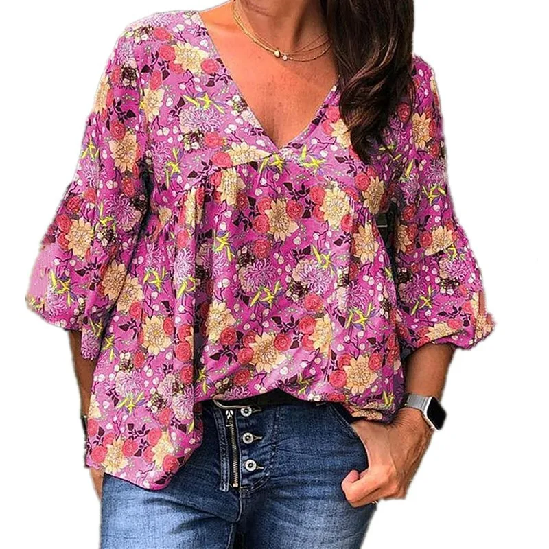 

Summer Blouse Women Short Sleeve Chiffon Blouse Casual Boho Style Floral Print Tops Deep-V Neck Beach Shirt Plus Size 4xl 5xl
