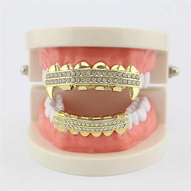 Панк золотые зубы Grillz 2 ряда Iced Out грили стоматологические хип-хоп вампира зубы-клыки шапки Хэллоуин вечерние украшения для тела XHYT1019-1