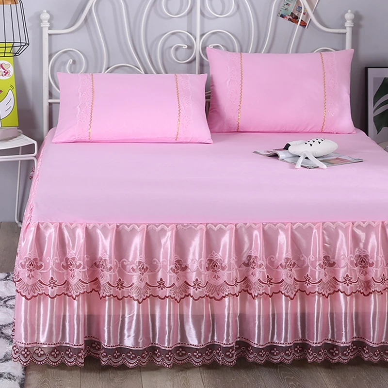 Розовая кружевная юбка-матрас в Корейском стиле с рюшами, Комплект постельного белья, эластичное покрывало для кровати, наволочка, доступны разные размеры# sw
