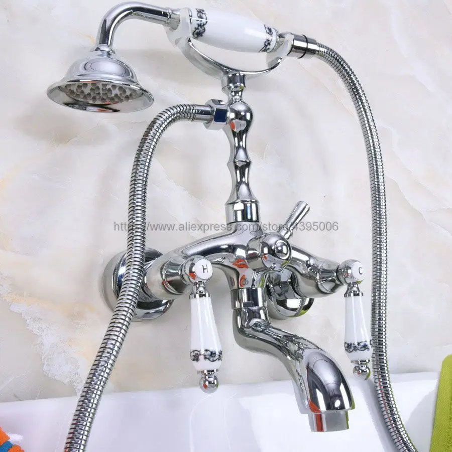 Chrome Finish Double Handles Bathroom Wall Mounted Bathroom Tub Faucets W/Hand Shower Sprayer Mixer Tap Bna218