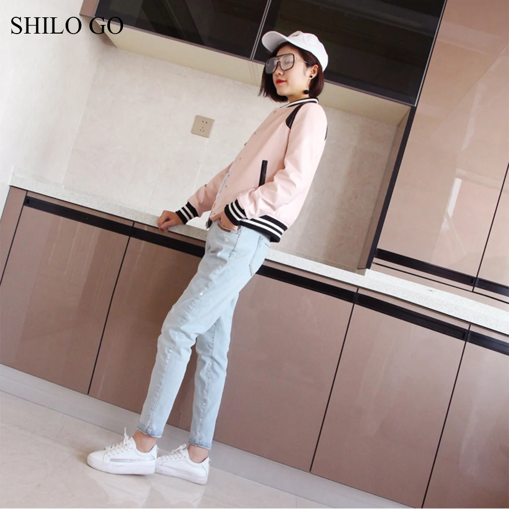 Veste Mode Printemps Aller Unique Mouton Baseball Bleu Lumière Rose Véritable O De Cou Manteau Poitrine Shilo Cuir Femmes En Peau X5xXAY