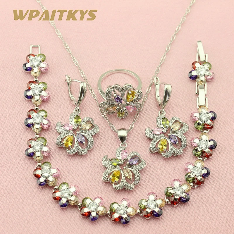 Цветок многоцветный кубический цирконий серебряные Ювелирные наборы для женщин серьги кулон ожерелье кольцо браслет шкатулка WPAITKYS