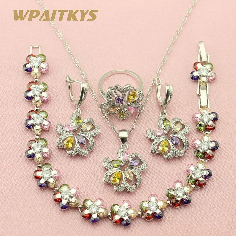 

Flower Multicolor Cubic Zirconia Silver Jewelry Sets For Women Earring Pendant Necklace Ring Bracelet Free Jewelry Box WPAITKYS