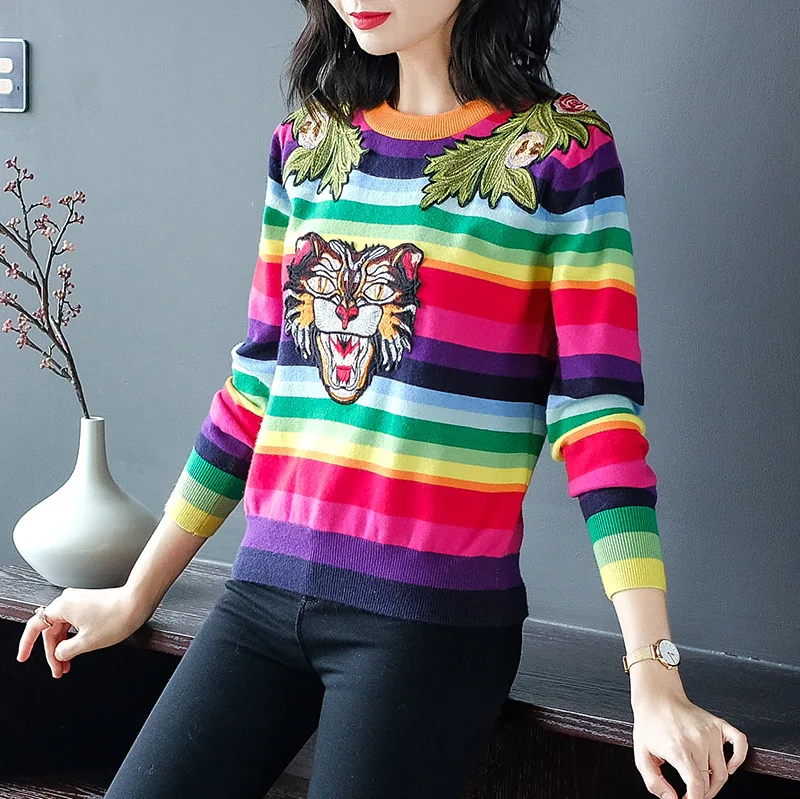 Tiger head embroidery striped elastic knit sweater 2018 new women autumn winter pullovers sweater