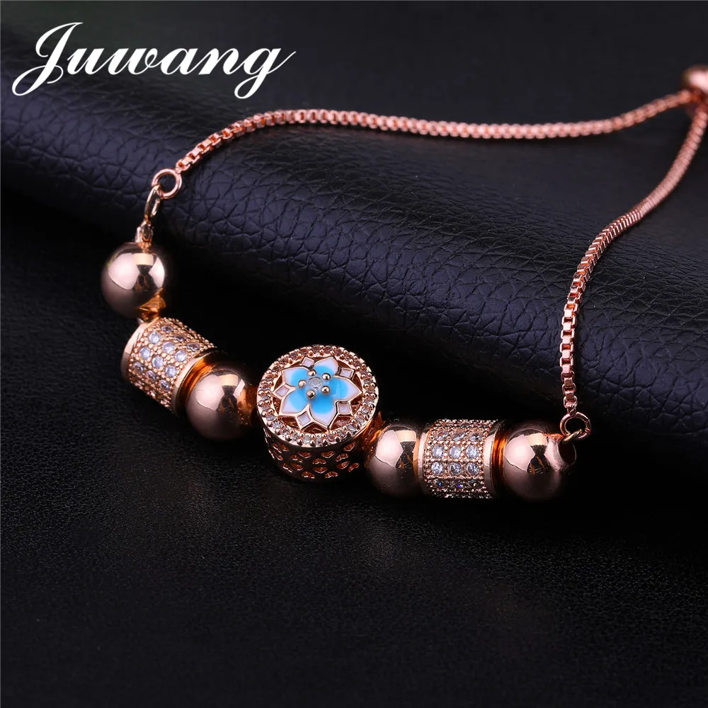 JUWANG 2018 New Flower Beads Charm Bracelets & Bangles for Woman Girl Rose Gold Color Cubic Zircons Bracelets Fashion Jewelry Fashion Jewelry