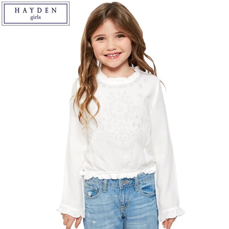 HAYDEN Girls Ruffle Blouse Kids Long Sleeve White Floral Embroidery Blouse Shirt 2017 Brand Kids