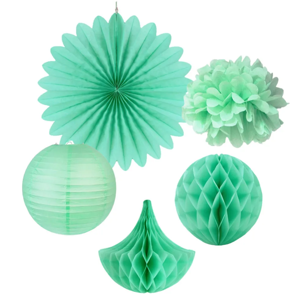 5pc Mint Kit Paper Decoration Tissue Paper Pom poms flowersFansTissue Paper Honeycomb DropsBalls Wedding Venues Hanging Decor (1)
