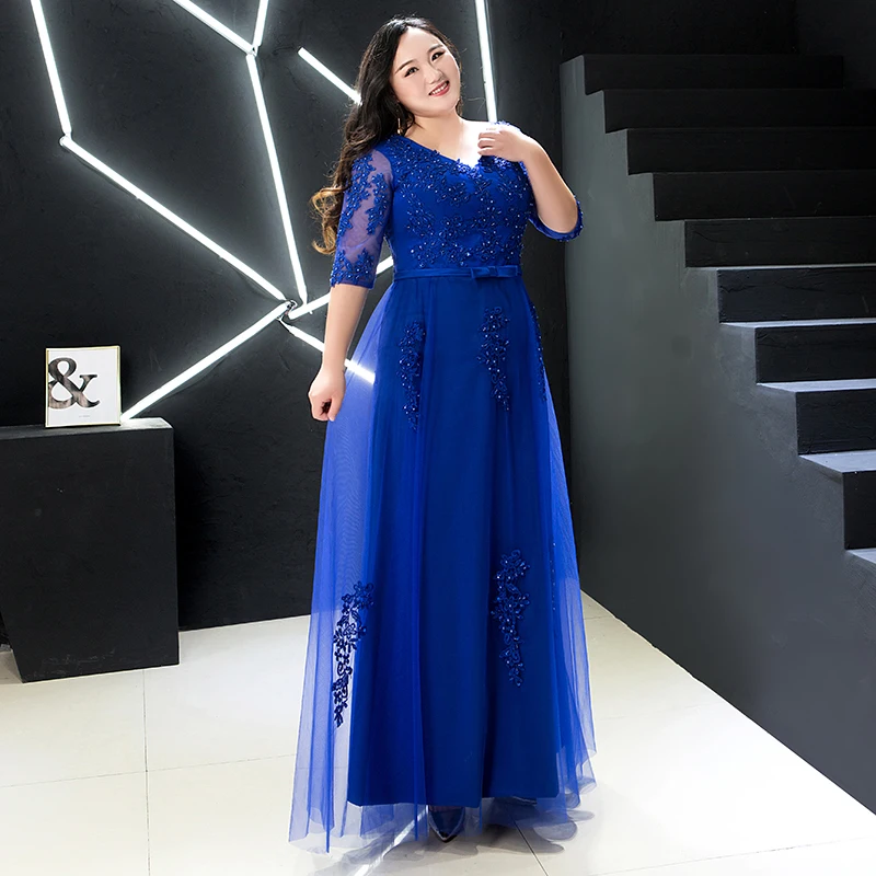 Elegant V-neck A-line Floor-Length Royal Blue Evening Gowns For Wedding Party Luxury Beading Appliques Long Prom Dress