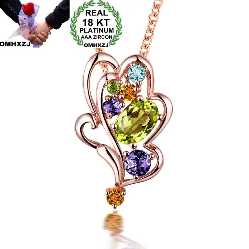 

OMHXZJ Wholesale European Fashion Woman Girl Party Wedding Gift Leaf Colorful Zircon 18KT Rose Gold Necklace Pendant Charm CA196