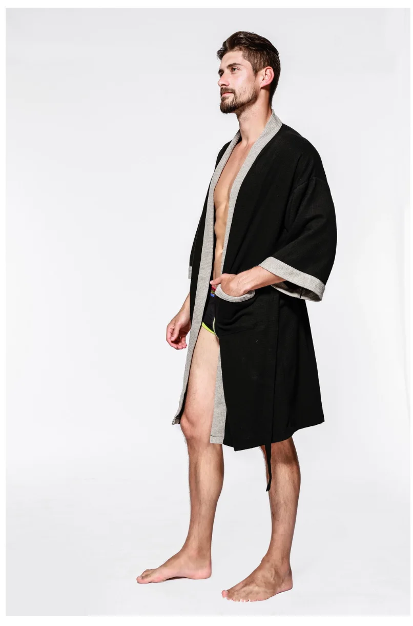 Повседневный вафельный Трикотажный Хлопковый мужской Халат банный халат с длинными рукавами для сауны, спа банный халат Roupao для влюбленных, пижама-кимоно, халаты, Мужская Ночная рубашка