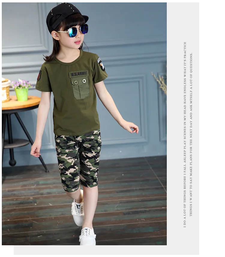 Г. летняя детская Военная камуфляжная одежда футболка для мальчиков+ шорты комплект из 2 предметов для девочек, хлопковый спортивный костюм с принтом армейского зеленого цвета