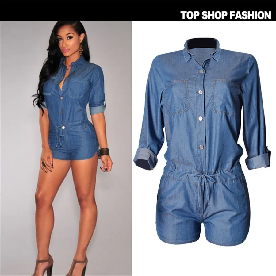 Owlprincess New arrival demin jumpsuits for women short blue jean bodysuit skinny rompers womens