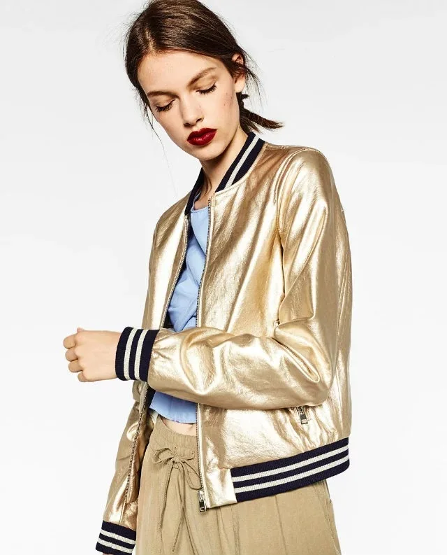 

New Spring and Autumn Metal Collar PU Baseball Suit Jacket Female Leather Coat