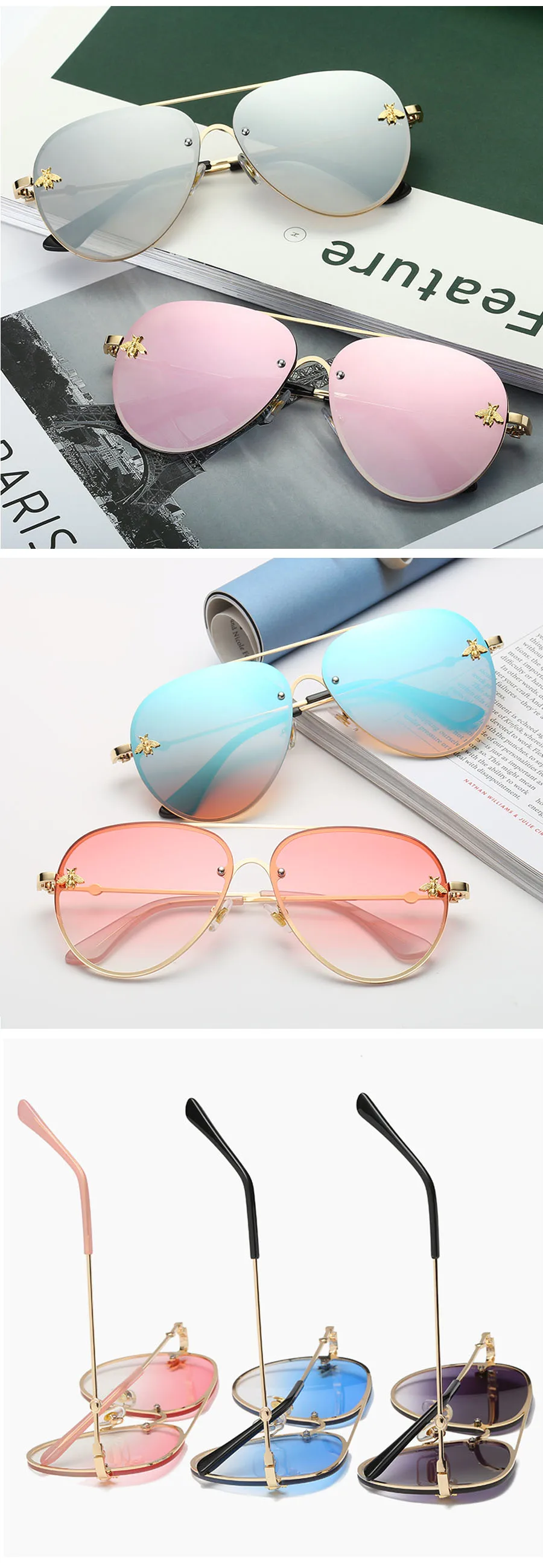 Oakshion Новый пчелки, солнцезащитные очки с круглой оправой Для женщин Для мужчин модные солнцезащитные очки модные очки Женские градиентные