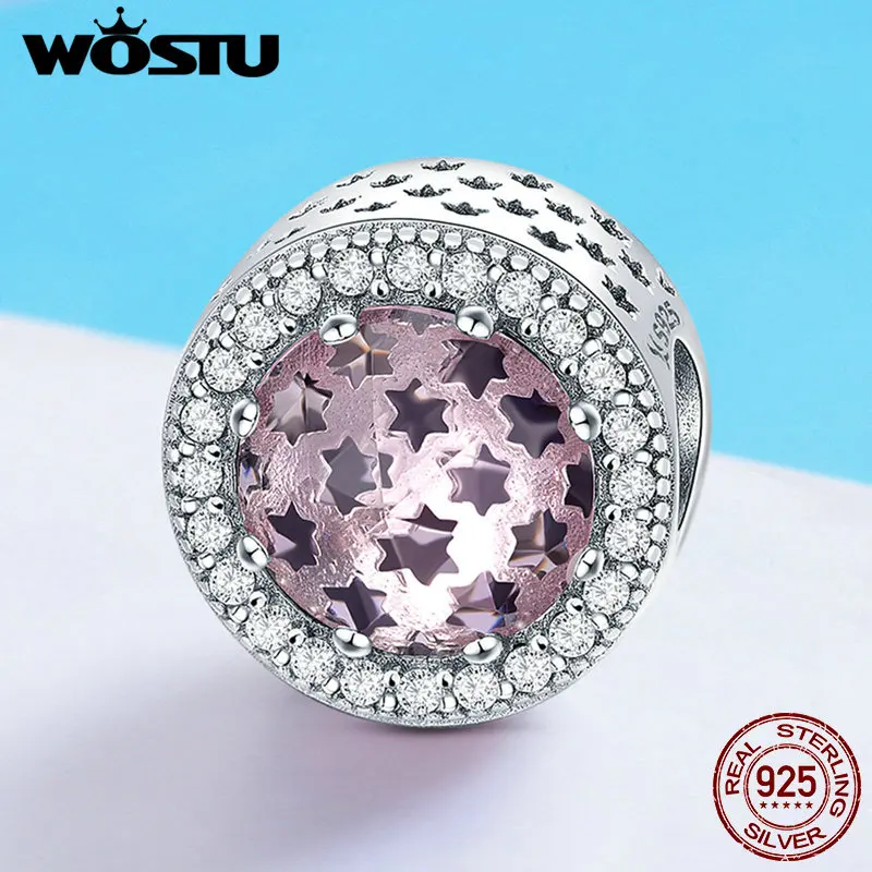 

WOSTU Hot Fashion Genuine 925 Sterling Silver Radiant Stars Pink Charm fit Original DIY Bead Bracelet Jewelry Making Gift FIC731