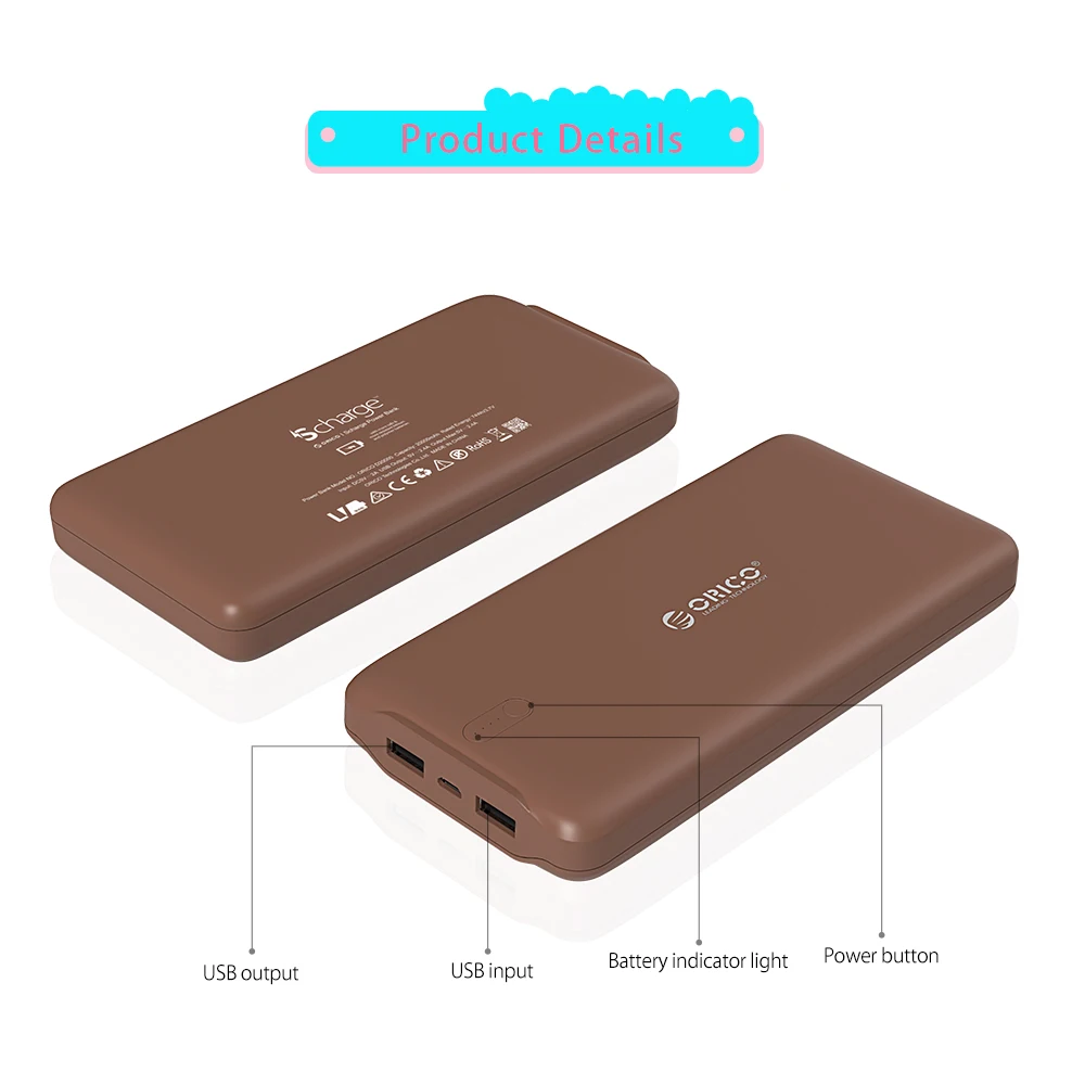 ORICO 20000mAh Power Bank Dual USB External Battery 5V2.4A Smart Charger Brown / White / Pink