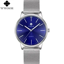 WWOOR Male Hour Blue Watch Men Quartz Wristwatch Mens Thin Analog Clock Stainless Steel Luminous Water Resistant erkek saat 2018