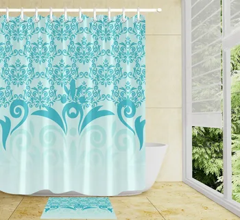 

Blue Mint Green Colorful Beautiful Pattern Shower Curtain sets hooks Bathroom Curtain Waterproof Polyester Fabric Bathroom mat