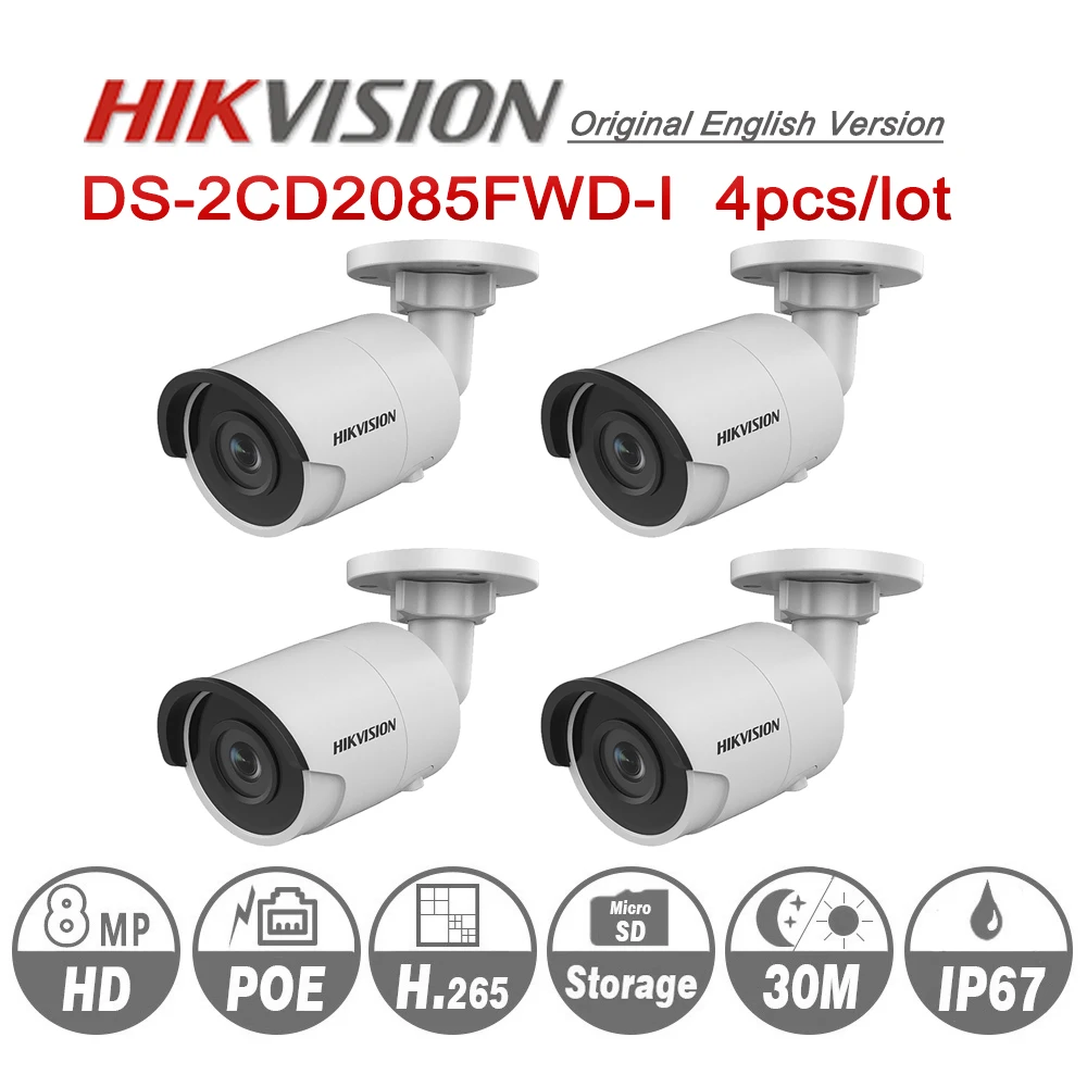 

Hikvision Original DS-2CD2085FWD-I 8MP SD Card H.265+ POE Bullet Network CCTV Security Camera 30m IR Range IP camera 4pcs/lot