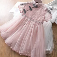 Новое летнее платье Ципао в китайском стиле для маленьких девочек; детская одежда с кружевными рукавами; вечерние платья с кружевом; костюм с цветочным узором; детская одежда