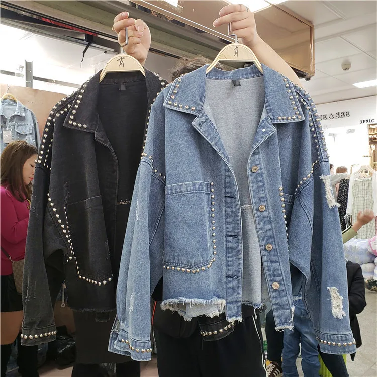 

Spring Autumn Black Denim Jacket New Loose Large Size Bf Rivet Beads Ins Short Jean Jacket Girls Ladies Ripped Tassel Jean Coats