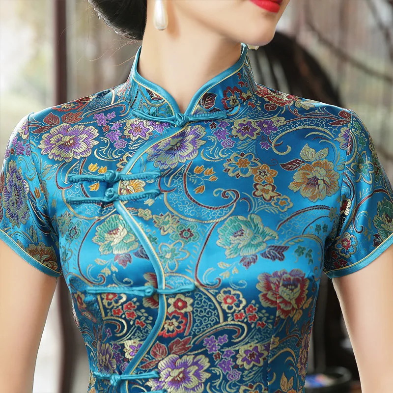 Hot Sale Elegant Lake Blue Stain Cheongsam Chinese Classic Tight Qipao Short Sleeve Novelty Print Sexy Long Dress S-3XL J0026