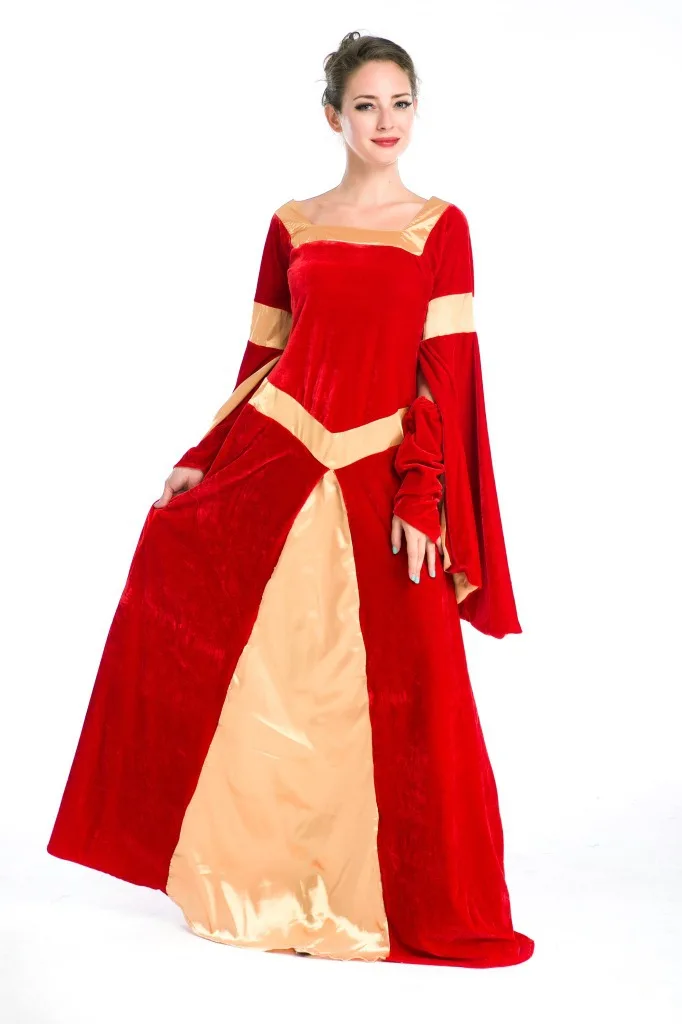 Women Red Floor Length Long Retro Vintage Palace Medieval Queen Dress