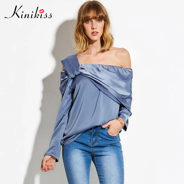 Kinikiss Women Elegant Silk Satin Blouse Shirts Blue Off Shoulder Kinikiss Women Elegant Silk Satin Blouse Shirts Blue Off Shoulder Fold Two Side Wear Tops Celebrity Long Sleeve Shirt Top