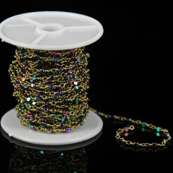 

3mm,Titanium Rainbow Plated Natural Black Hematite Rosary Chains,Wire Wrapped Golden Brass Links Jewelry