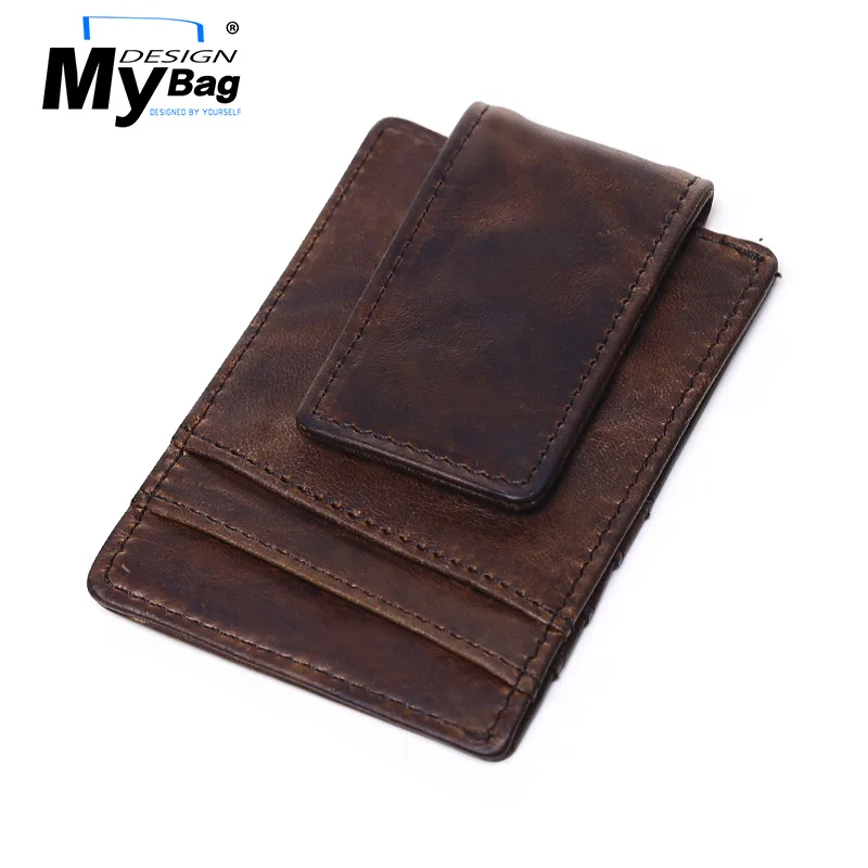 

DESIGN MYBAG Vintage Cow Leather Cash Clips Men Casual Money Clip Magnetic Slim Money Bag Cash Wallets Multifunction