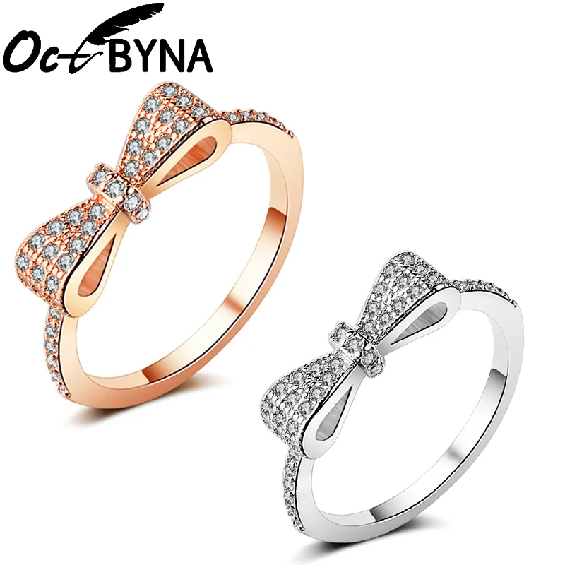 

Octbyna Classic Rose Gold Silver Sparkling CZ Bow Knot Micro Pave Brand Rings For Women Valentine's Day Gift Jewelry Wholesale