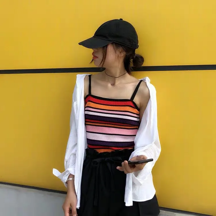 2 цвета Mihoshop Ulzzang Корейская женская модная одежда милая Радужная Нео полосатая