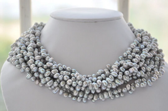 

FREE SHIPPING>>>@@ > N1873 beatuiful 10row 7mm rice gray freshwater cultured pearl necklace