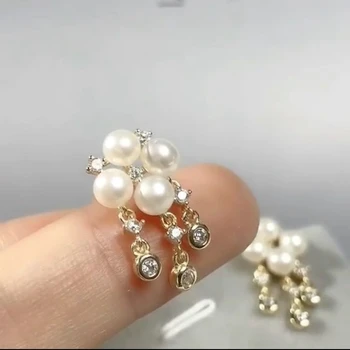 

ZQ Freshwater Pearl 925 Sterling Silver Zircon Flower Tassel Stud Earring Simple Women Wedding Elegant Tassel Water Drop Jewelry