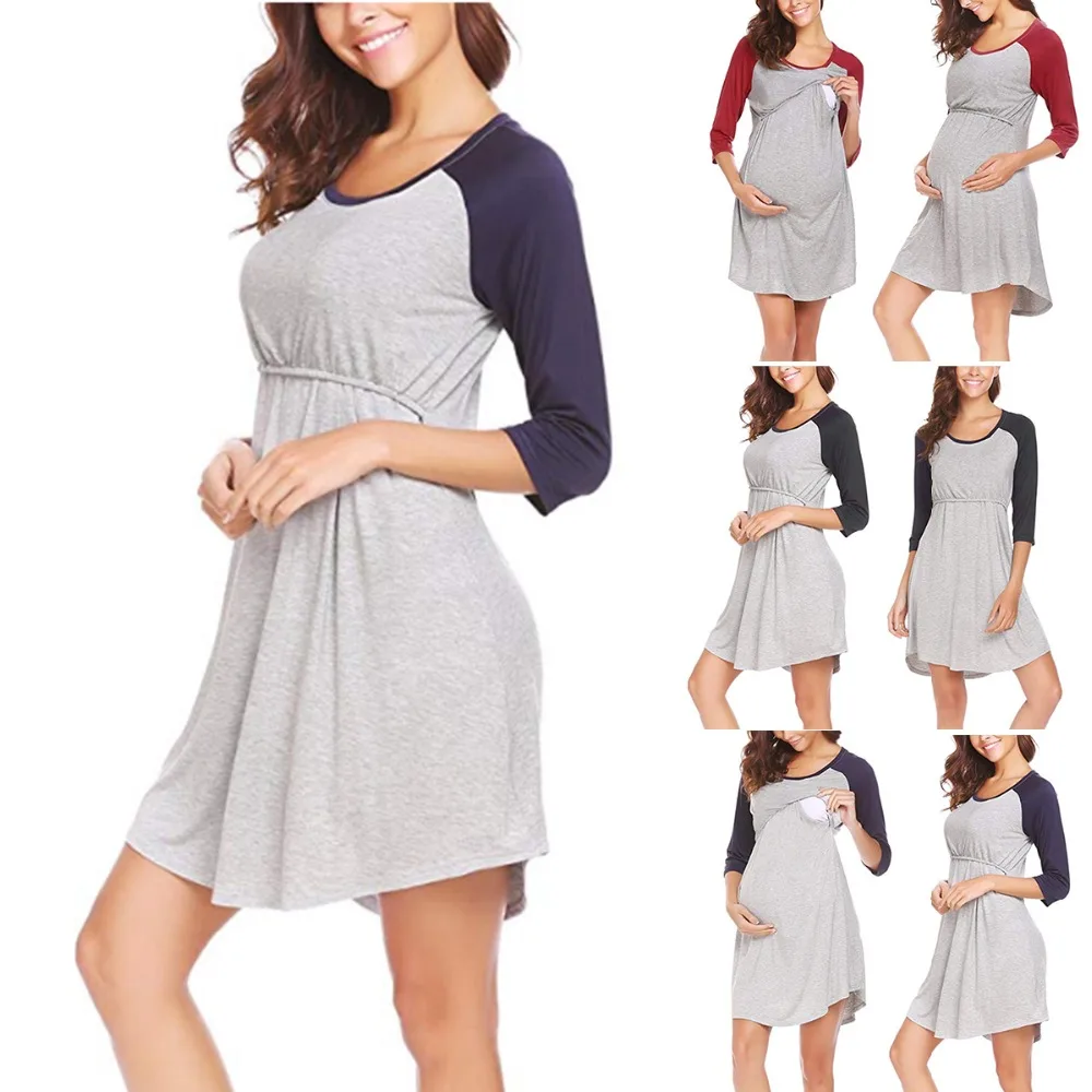 

Puseky Autumn Breastfeeding Nursing Dress Half Sleeve Gradient Thick Maternity Dress For Pregnant Women Breastfeeding clothes